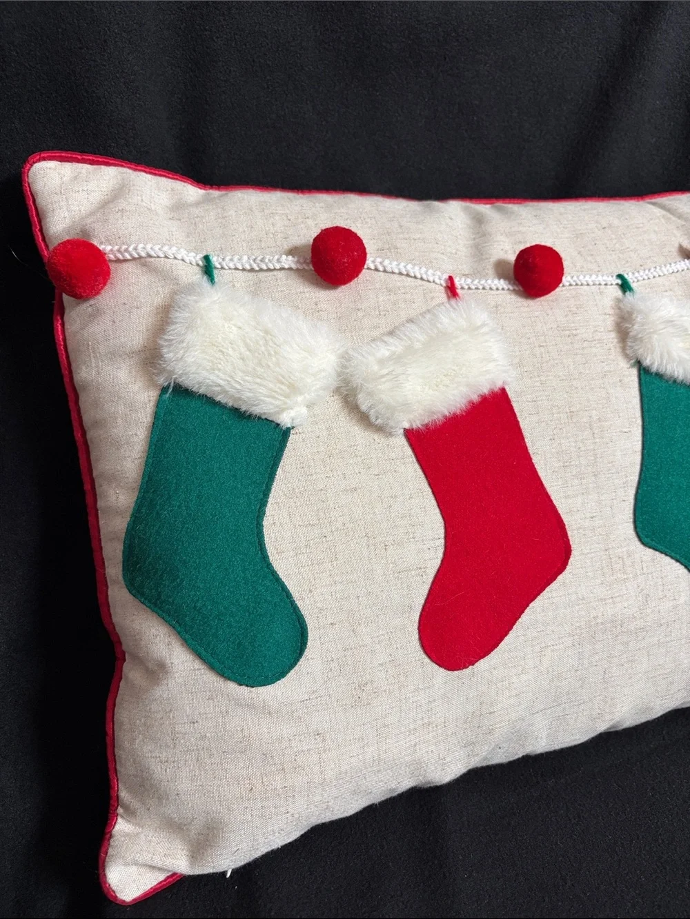 Christmas Stocking Decor Pillow Green and Red, Cream Color